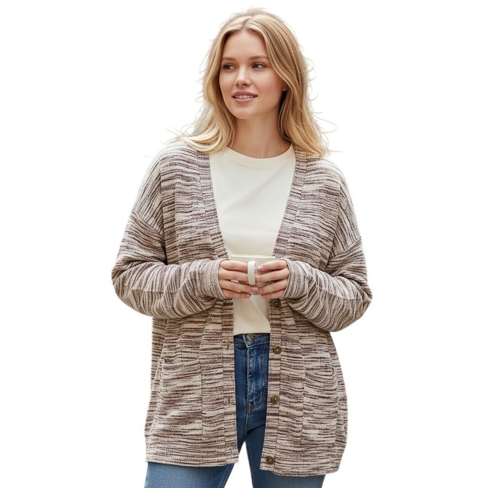 Lane Bryant Cardigan Sweater 26/28 Ivory w/ Stripes Button Up Plus Size Soft